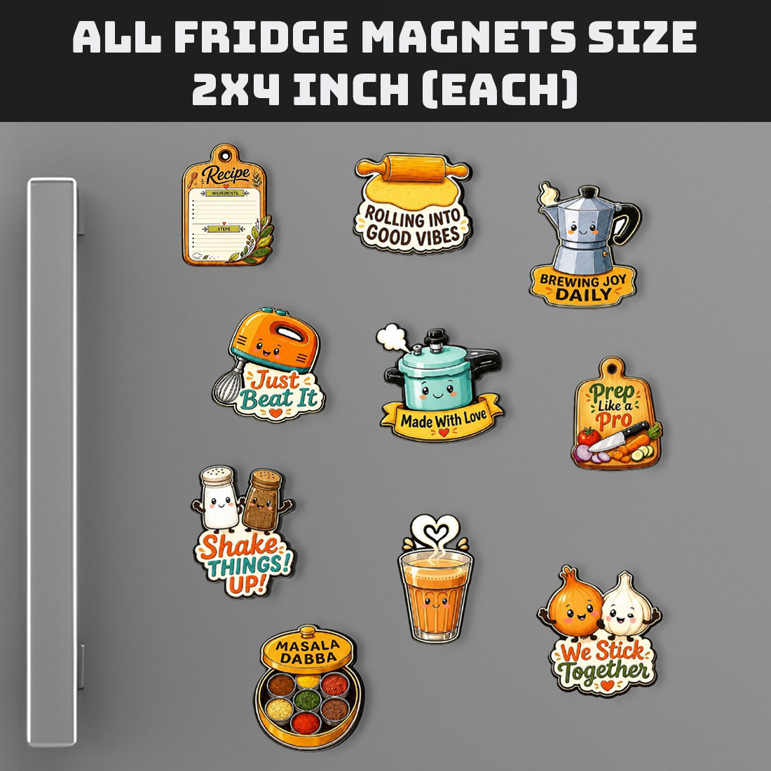 Cute kitchen MDF fridge magnet set of 10 with masala dabba, chai, cooker and quote designs – Fashionury