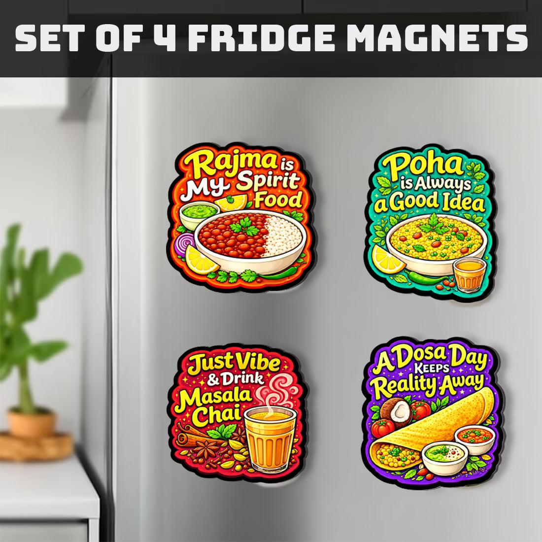 Desi comfort food MDF fridge magnet set of 4 with Rajma, Poha, Masala Chai and Dosa designs – Fashionury
