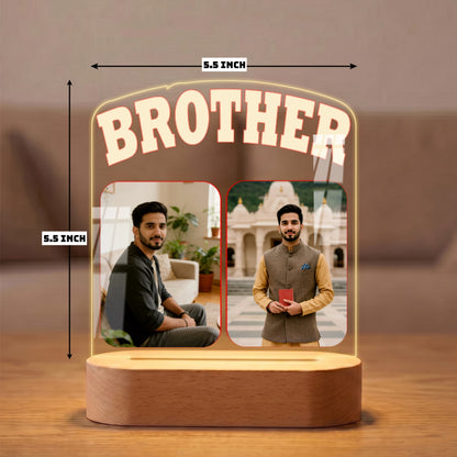Personalized Brother acrylic LED table lamp with custom 2 photo print and warm glow wooden base – Fashionury