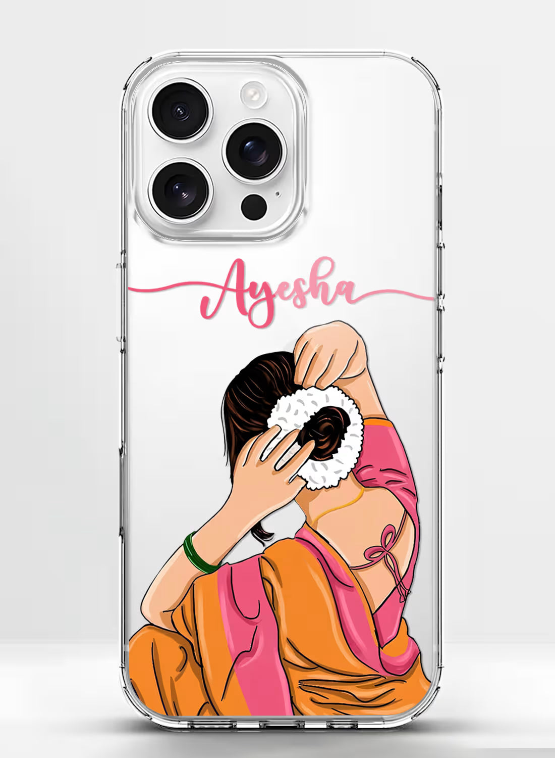 Custom name Ayesha printed on clear silicone phone cover with orange saree gajra bun girl design