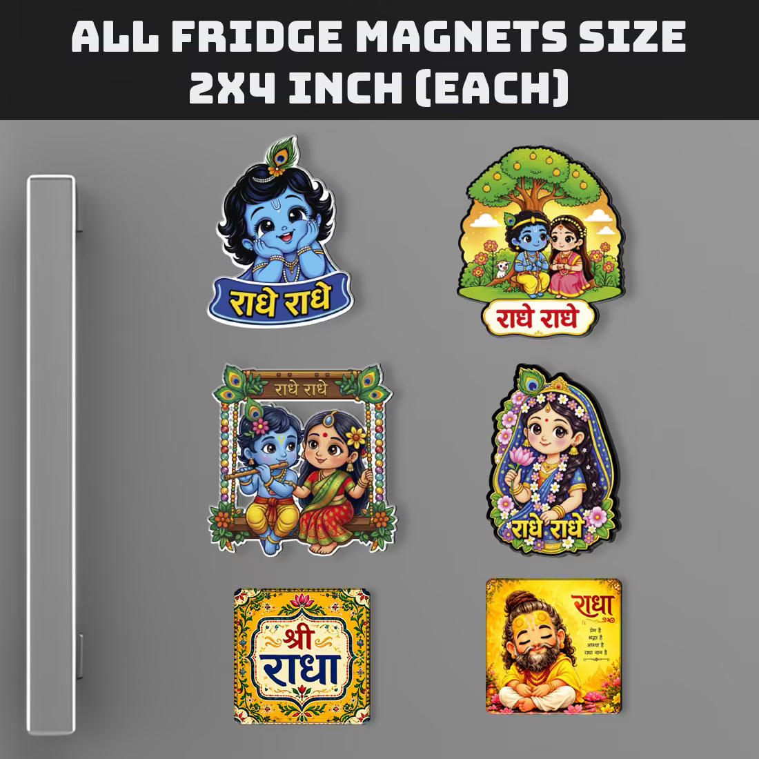Radhe Radhe MDF fridge magnet set of 6 with cute Radha Krishna devotional designs – Fashionury