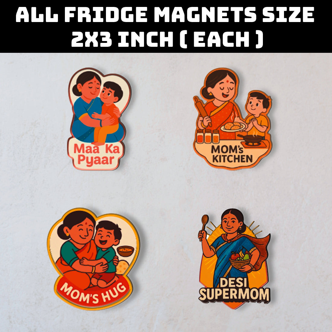 Mom Love MDF Fridge Magnet Set – Pack of 4 Desi Mom Designs