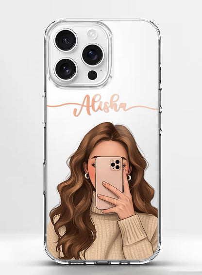 Mirror Selfie Girl custom name silicone mobile cover with trendy aesthetic illustration