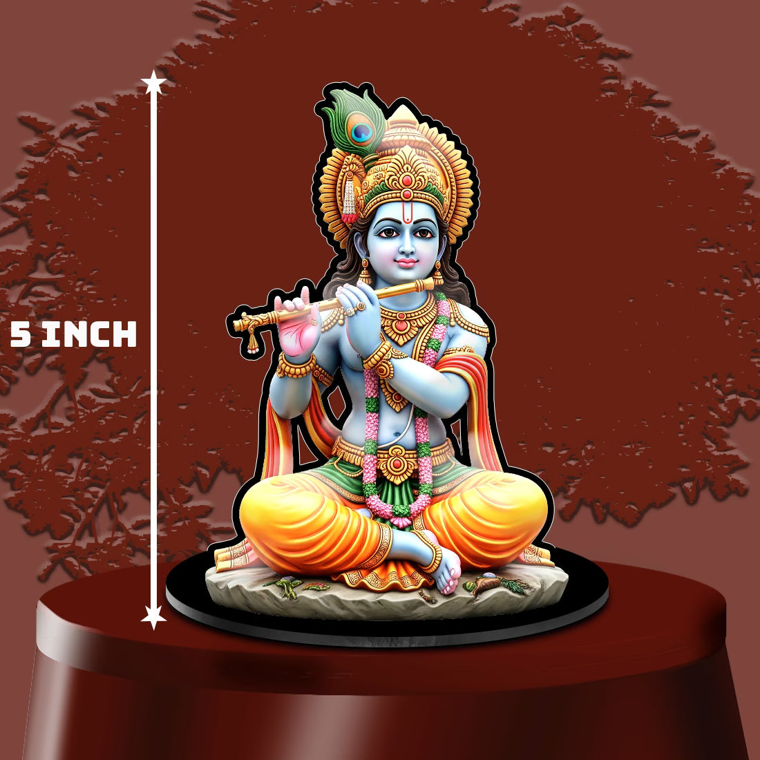 Lord Krishna acrylic standee playing flute with peacock feather crown on black base – Fashionury