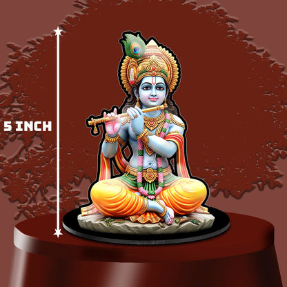Lord Krishna acrylic standee playing flute with peacock feather crown on black base – Fashionury