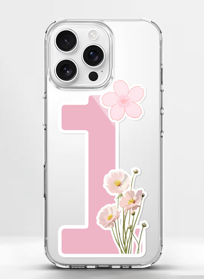 Clear silicone phone cover with pink number 1 and floral blossom design, soft feminine aesthetic print
