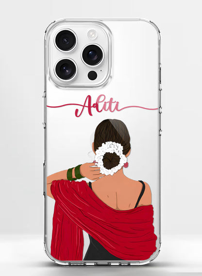 Custom name Aditi printed on clear silicone phone cover with red saree gajra bun girl design