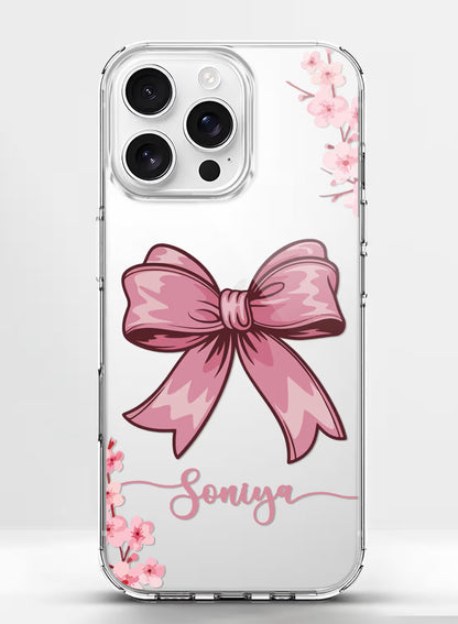 Cute Pink Bow & Floral Printed Clear Silicone Back Cover