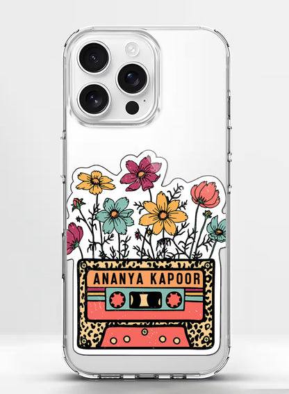 Custom name Ananya Kapoor printed on retro cassette label with wildflowers on clear silicone phone cover