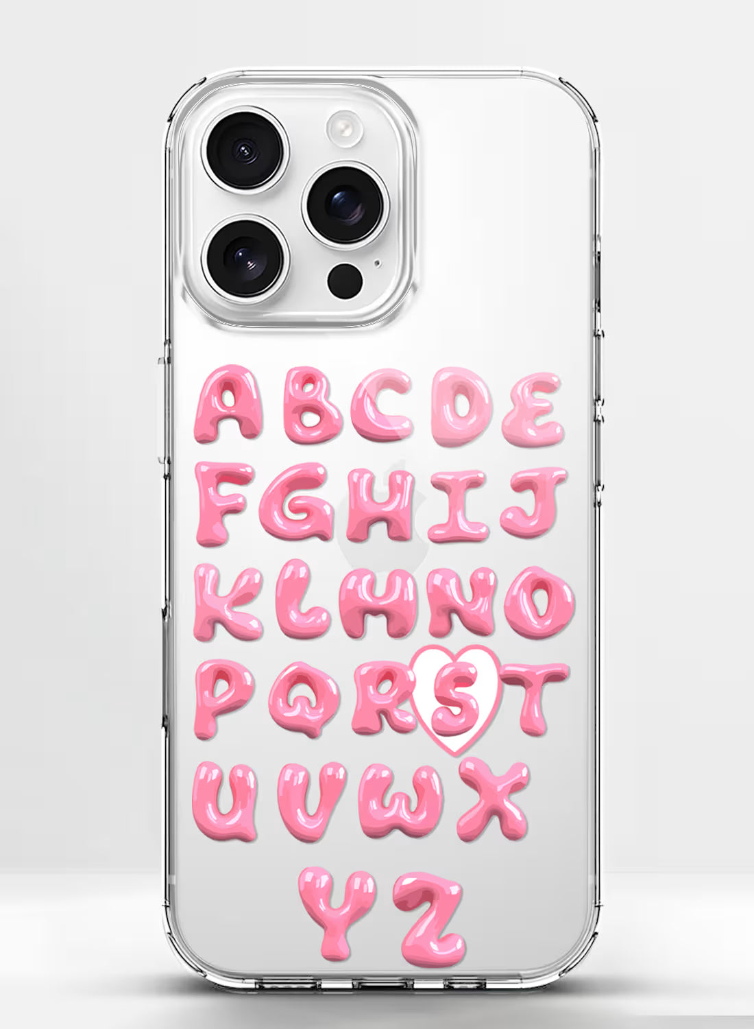 Custom clear silicone phone cover with pink bubble-letter alphabet text design, personalized name print