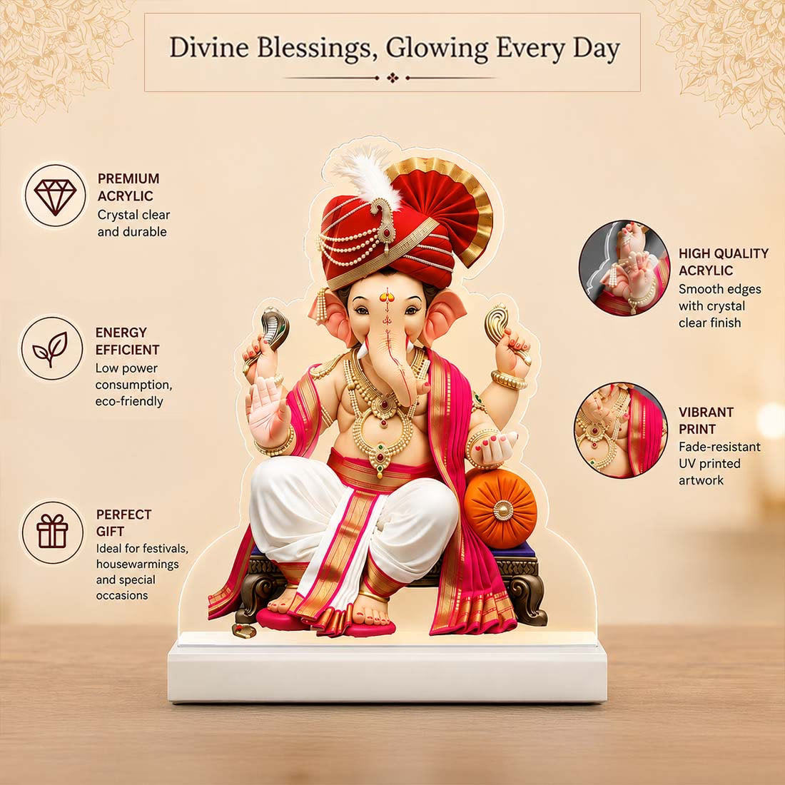 Lord Ganesha Maharaja with red pheta acrylic tabletop frame cut-out design – Ganesh Chaturthi decor by Fashionury