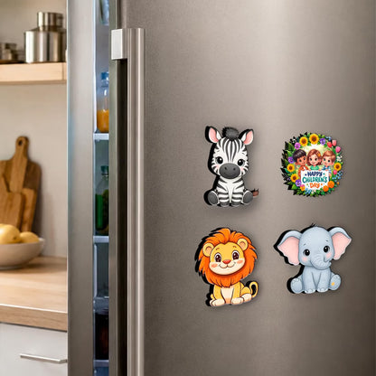 Children's Day jungle animal MDF fridge magnet set of 4 with zebra, lion and elephant designs – Fashionury