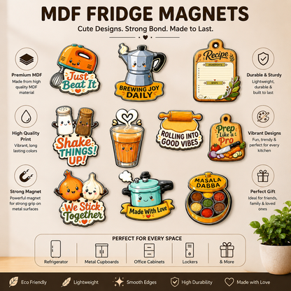 Cute kitchen MDF fridge magnet set of 10 with masala dabba, chai, cooker and quote designs – Fashionury