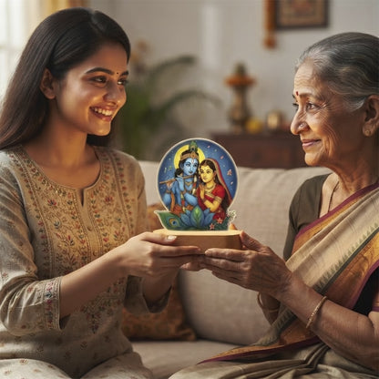 Radha Krishna acrylic LED lamp with rechargeable wireless wooden base and warm glow – spiritual gift by Fashionury