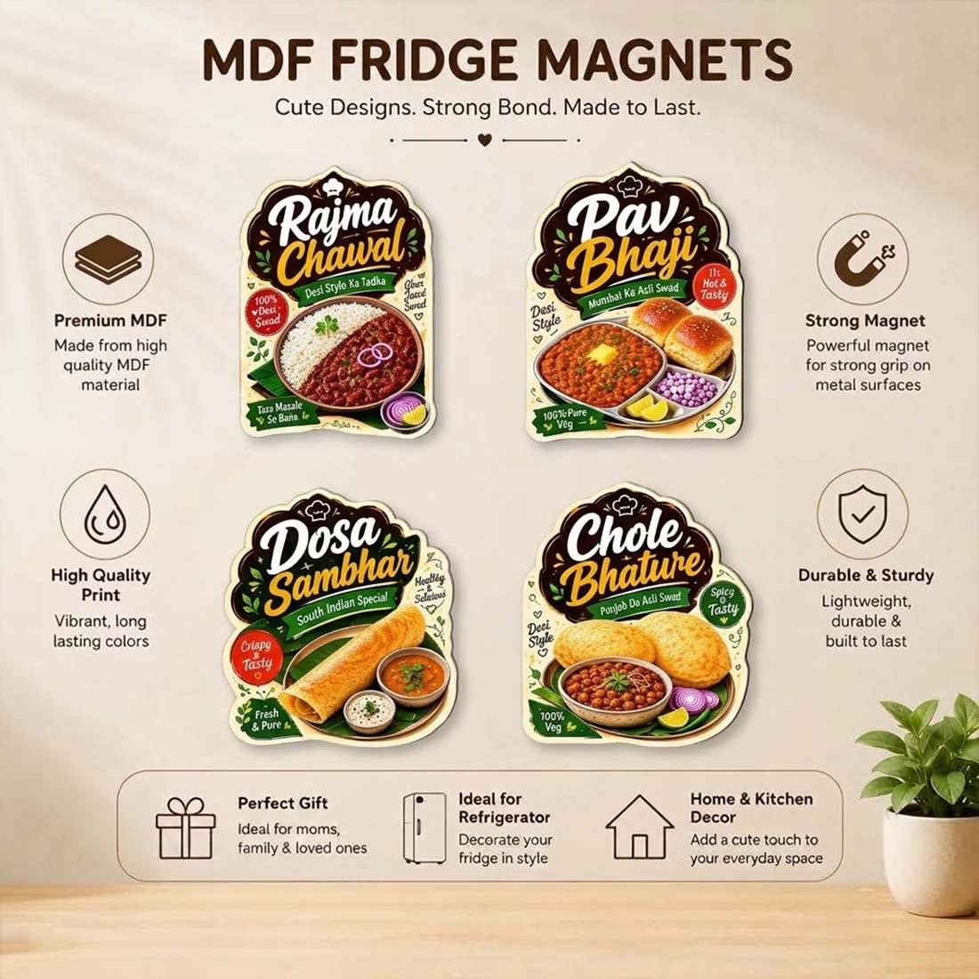 Indian thali food MDF fridge magnet set of 4 with Rajma Chawal, Pav Bhaji, Dosa Sambhar and Chole Bhature designs – Fashionury