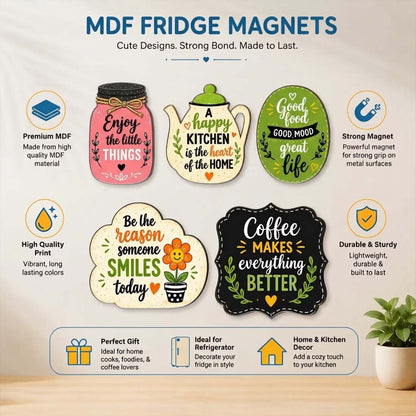 Positive quotes MDF fridge magnet set of 5 with mason jar, teapot and kitchen quote designs – Fashionury