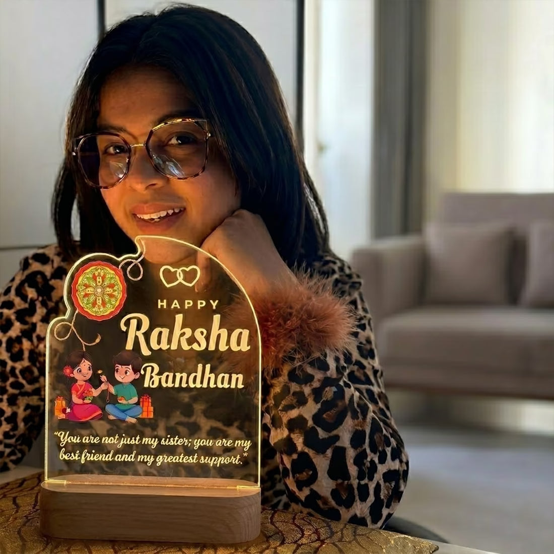 Happy Raksha Bandhan acrylic LED lamp with brother sister illustration and quote