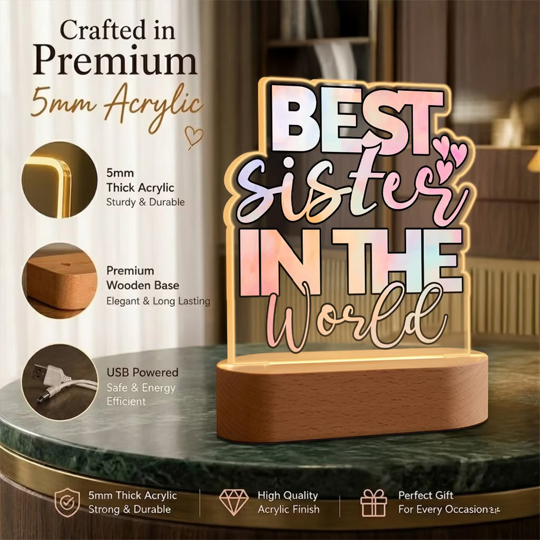 Infographic View of Best Sister in the World acrylic LED lamp with pastel typography on wooden base