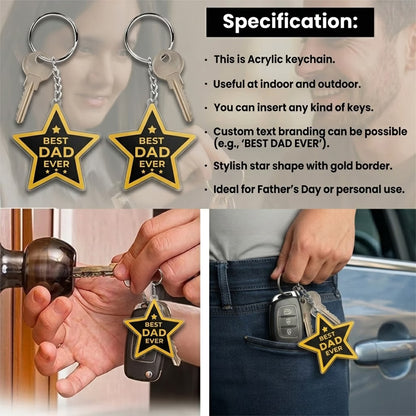 Best Dad Ever star shape acrylic keychain with golden text and metal ring

