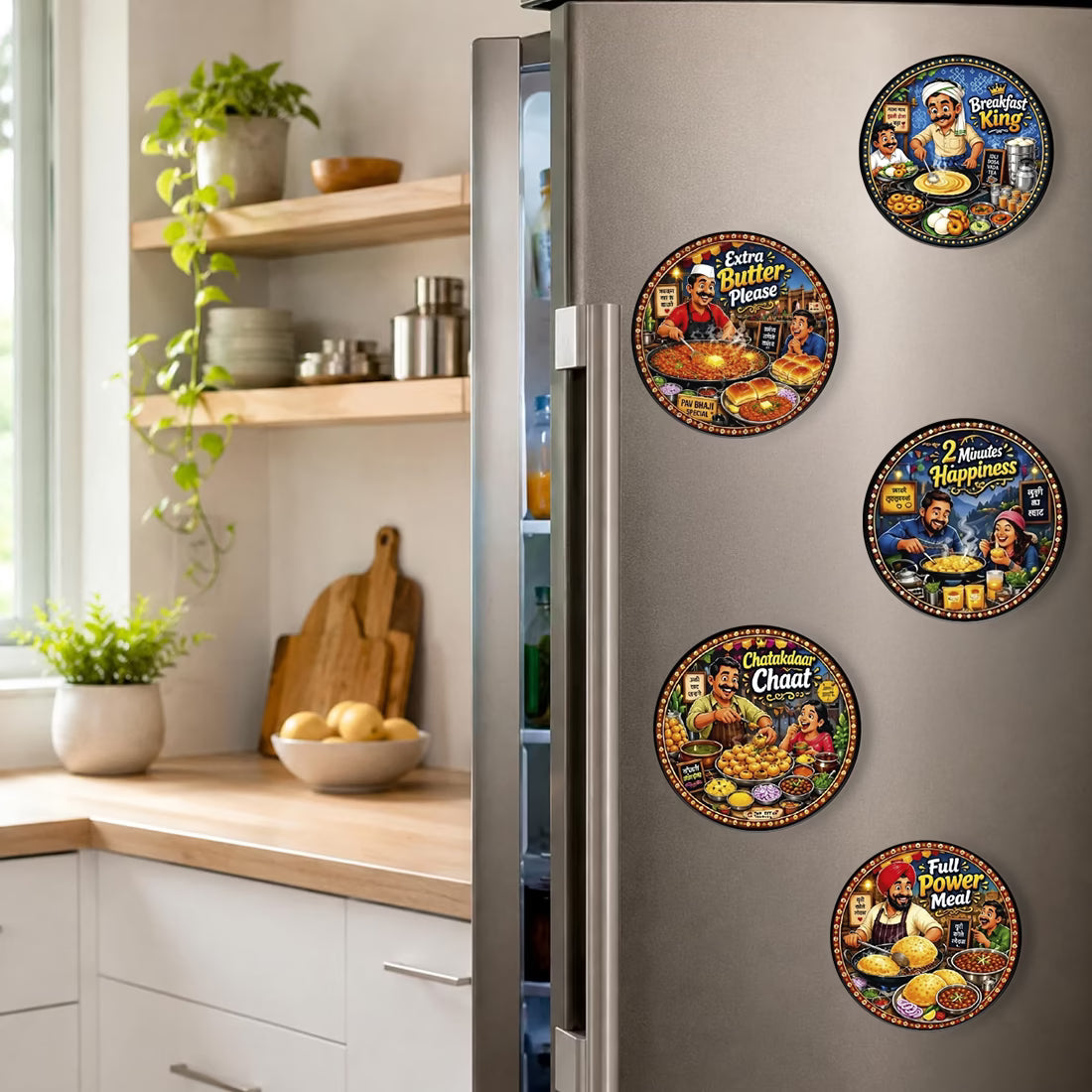 Indian street food MDF fridge magnet set of 5 with Maggi, Pav Bhaji, Chaat, Chole Bhature and Dosa designs – Fashionury
