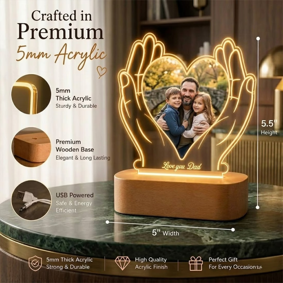 Inforgraphic view of Love You Dad hand heart acrylic LED photo lamp with father daughter portrait