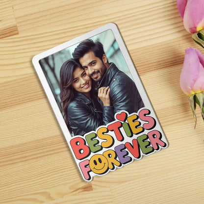 Besties Forever custom photo wooden fridge magnet with retro typography and smiley
