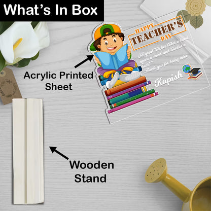 Personalized Happy Teachers Day acrylic plaque with custom name, quote and cartoon design on wooden base – Fashionury