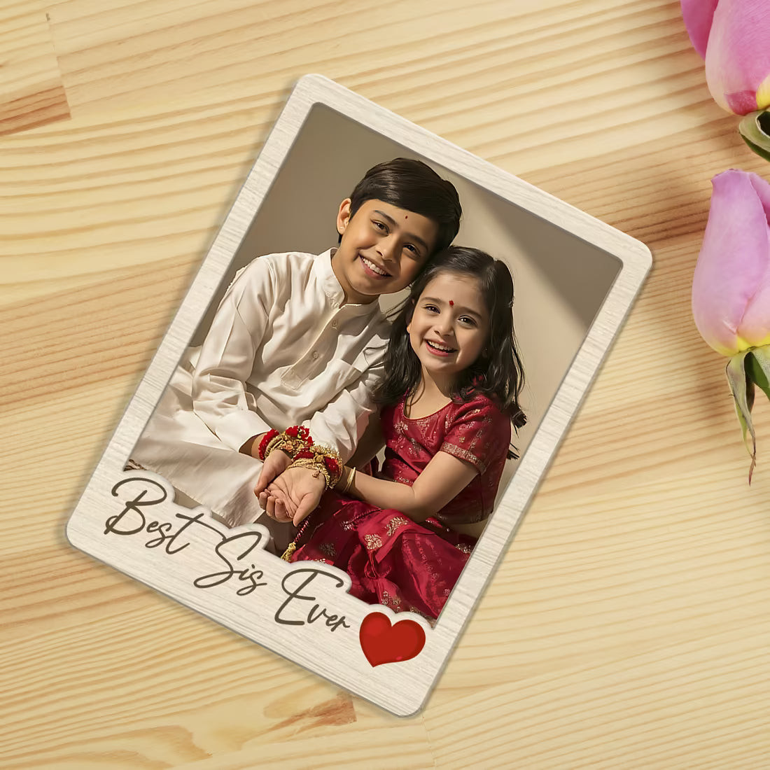 Best Sis Ever custom photo wooden fridge magnet with polaroid design and heart