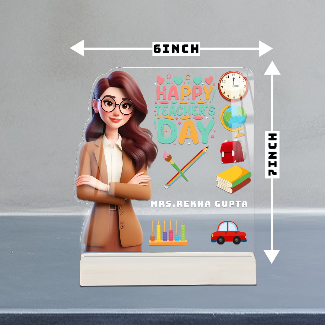 Personalized Teachers Day acrylic plaque for madam with custom name and female teacher cartoon design – Fashionury