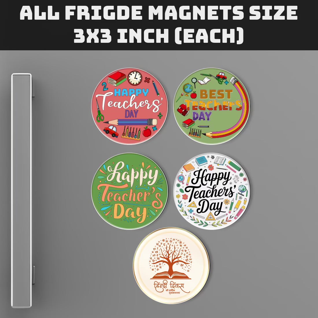 Teachers Day and Hindi Diwas MDF fridge magnet set of 5 round colorful designs – Fashionury