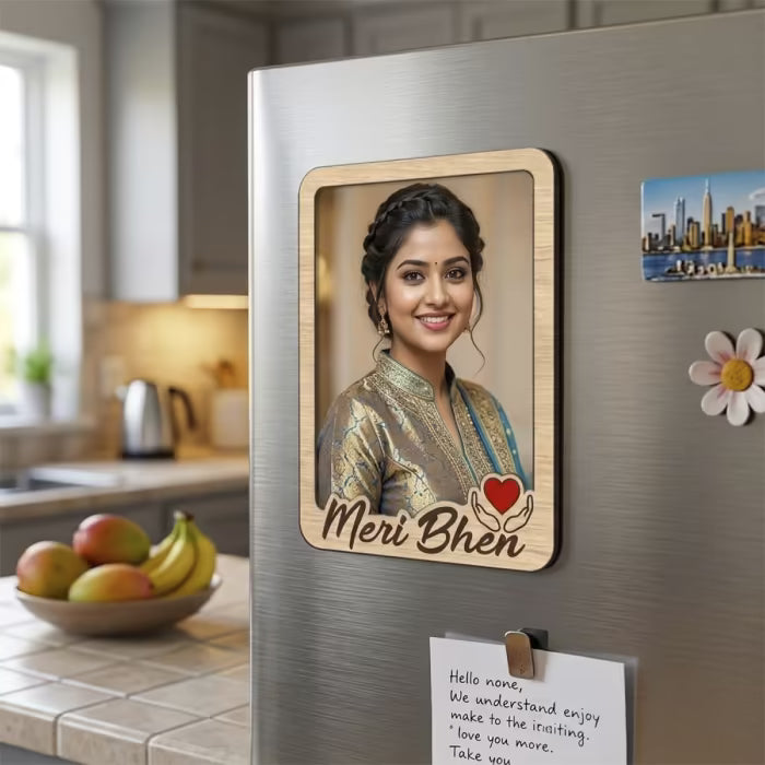 Meri Bhen custom photo wooden fridge magnet with script and red heart accent