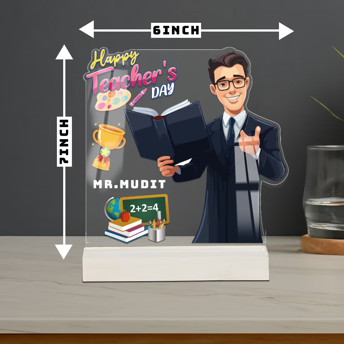 Personalized Teachers Day acrylic plaque for sir with custom name and male teacher cartoon design on wooden base – Fashionury