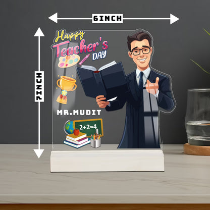 Personalized Teachers Day acrylic plaque for sir with custom name and male teacher cartoon design on wooden base – Fashionury