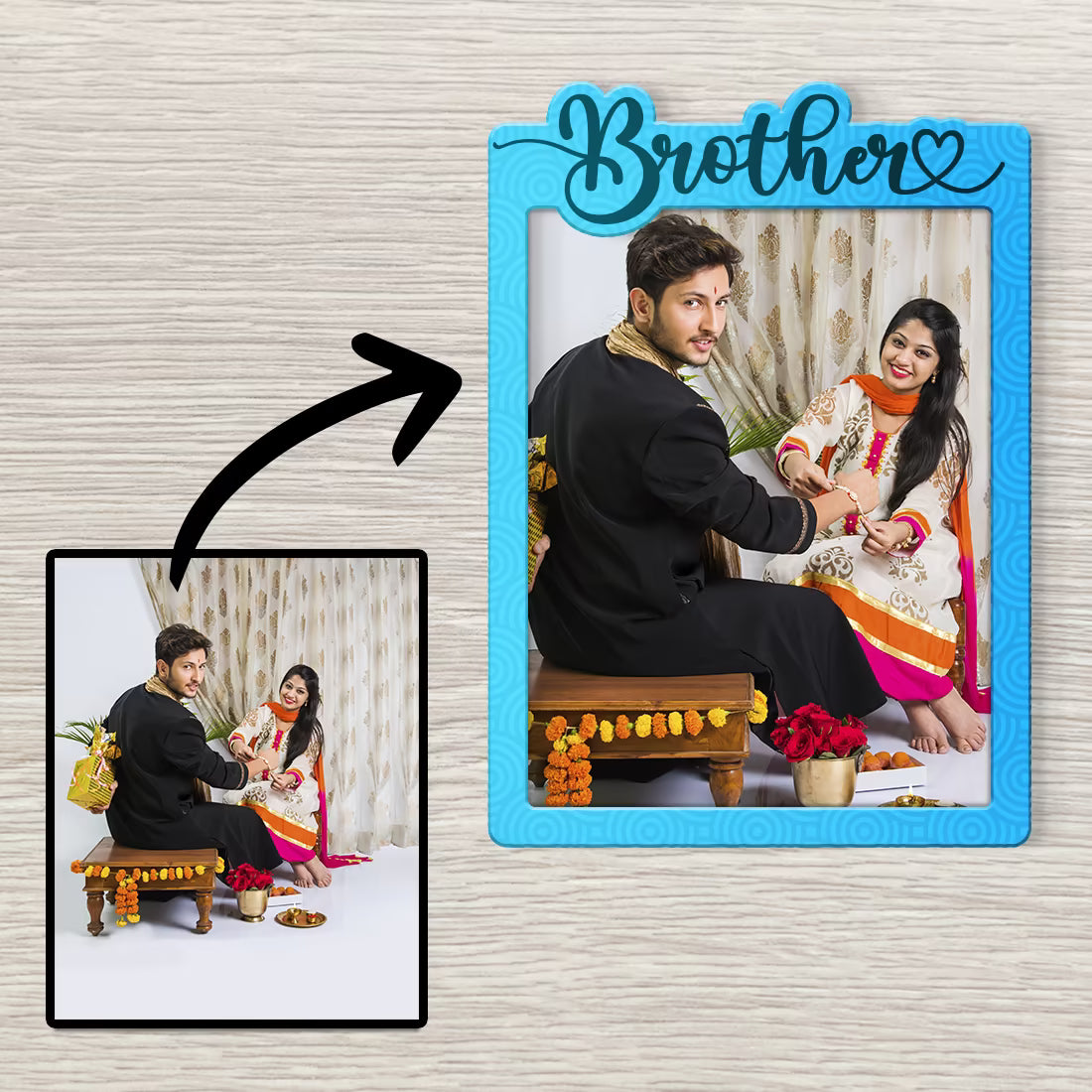 Brother custom photo wooden fridge magnet with laser-cut script and blue wave design