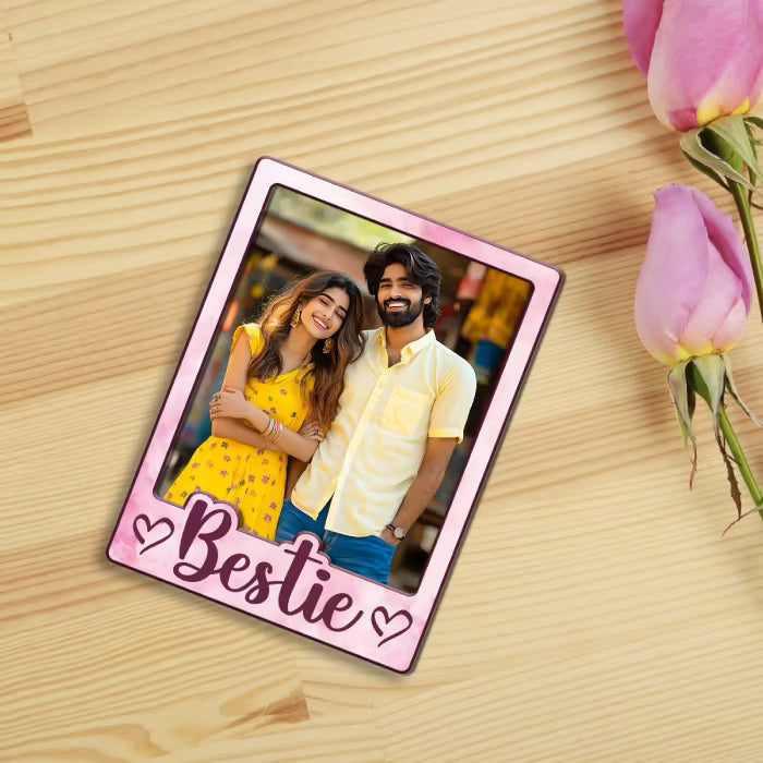 Bestie custom photo wooden fridge magnet with bold script and pink watercolour design