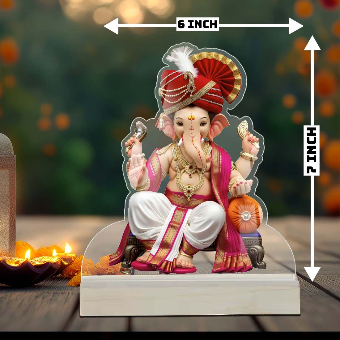 Lord Ganesha Maharaja with red pheta acrylic tabletop frame cut-out design – Ganesh Chaturthi decor by Fashionury
