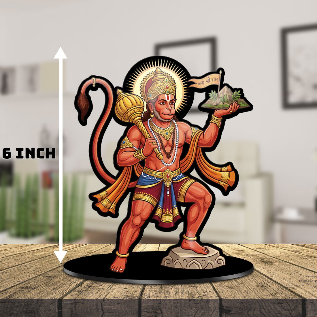 Lord Hanuman acrylic standee with Sanjeevani Parvat and Jai Shri Ram flag on black base – Fashionury