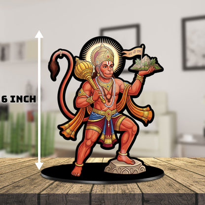 Lord Hanuman acrylic standee with Sanjeevani Parvat and Jai Shri Ram flag on black base – Fashionury