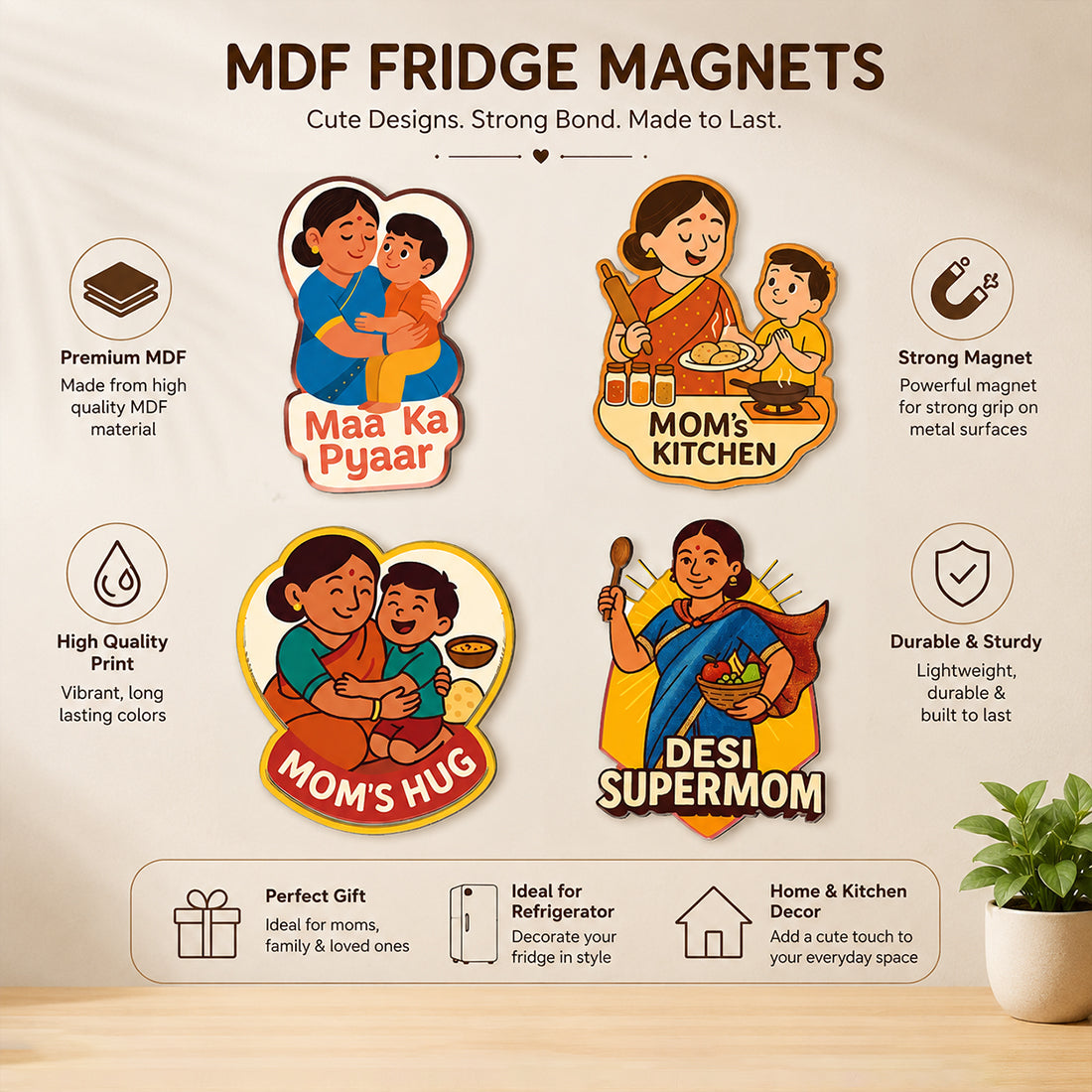 Mom Love MDF Fridge Magnet Set – Pack of 4 Desi Mom Designs