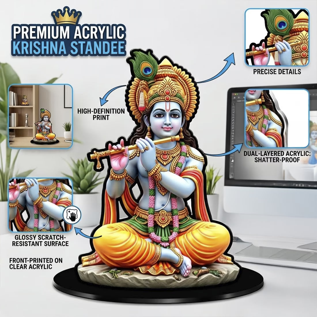 Lord Krishna acrylic standee playing flute with peacock feather crown on black base – Fashionury