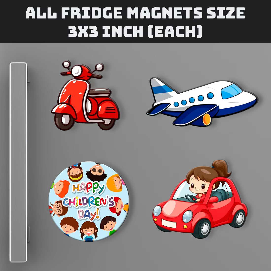 Children's Day vehicle theme MDF fridge magnet set of 4 with scooter, aeroplane and car designs – Fashionury
