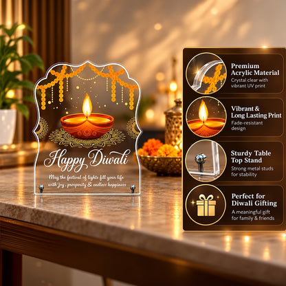 Happy Diwali acrylic tabletop frame with diya, marigold toran and mandala design on metal stand – Fashionury
