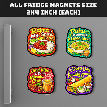 Desi comfort food MDF fridge magnet set of 4 with Rajma, Poha, Masala Chai and Dosa designs – Fashionury