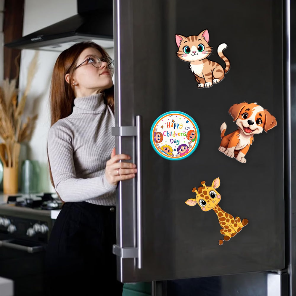 Happy Children's Day MDF fridge magnet set of 4 with puppy, kitty and giraffe cartoon designs – Fashionury