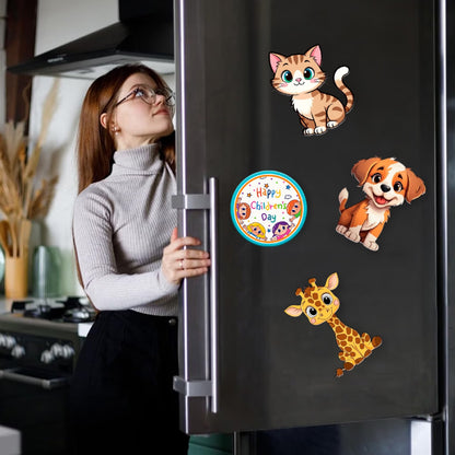 Happy Children's Day MDF fridge magnet set of 4 with puppy, kitty and giraffe cartoon designs – Fashionury