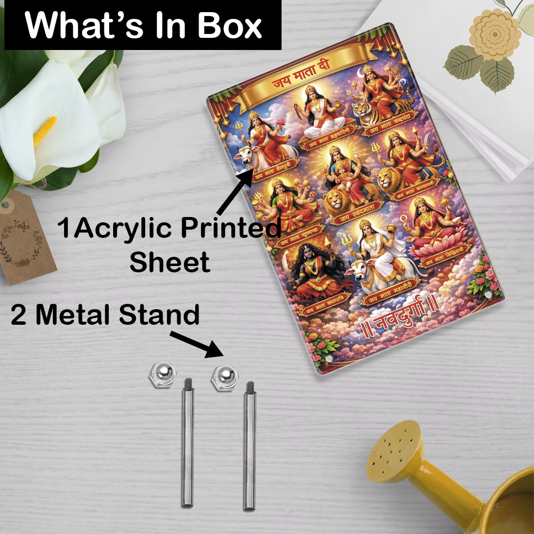 Navdurga acrylic frame package contents – 1 printed acrylic sheet and 2 metal stands