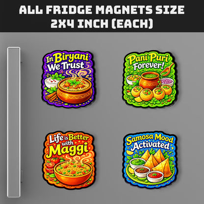 Desi foodie MDF fridge magnet set of 4 with Biryani, Pani Puri, Maggi and Samosa designs – Fashionury