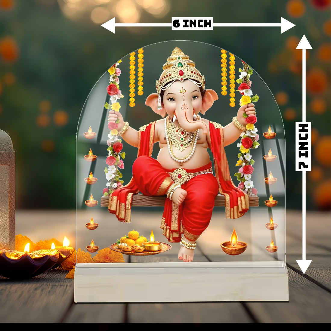 Lord Ganesha on floral swing arch acrylic tabletop frame with wooden base – Ganesh Chaturthi decor by Fashionury