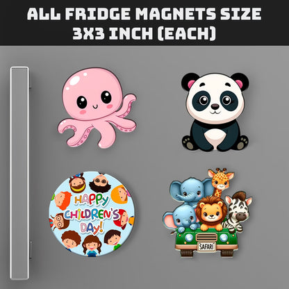 Children's Day safari animal MDF fridge magnet set of 4 with octopus, panda and safari jeep designs – Fashionury