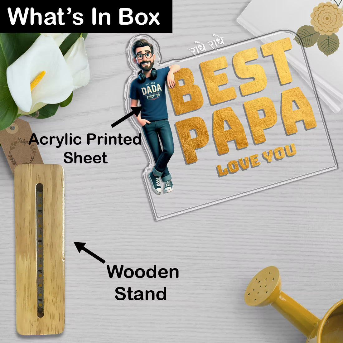 Infographic View of Personalised Best Papa Love You caricature acrylic plaque with cartoon portrait on wooden base for Father's Day gift
